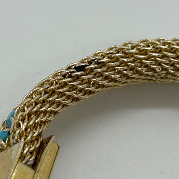 Vintage Gold-Tone Mesh Bracelet Faux Turquoise Stones Secure Clasp 1970s - Picture 12 of 16